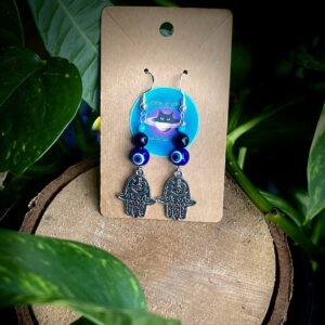 Hamsa Hand + Nazar Charm + Turquoise & Black Tourmaline Earrings