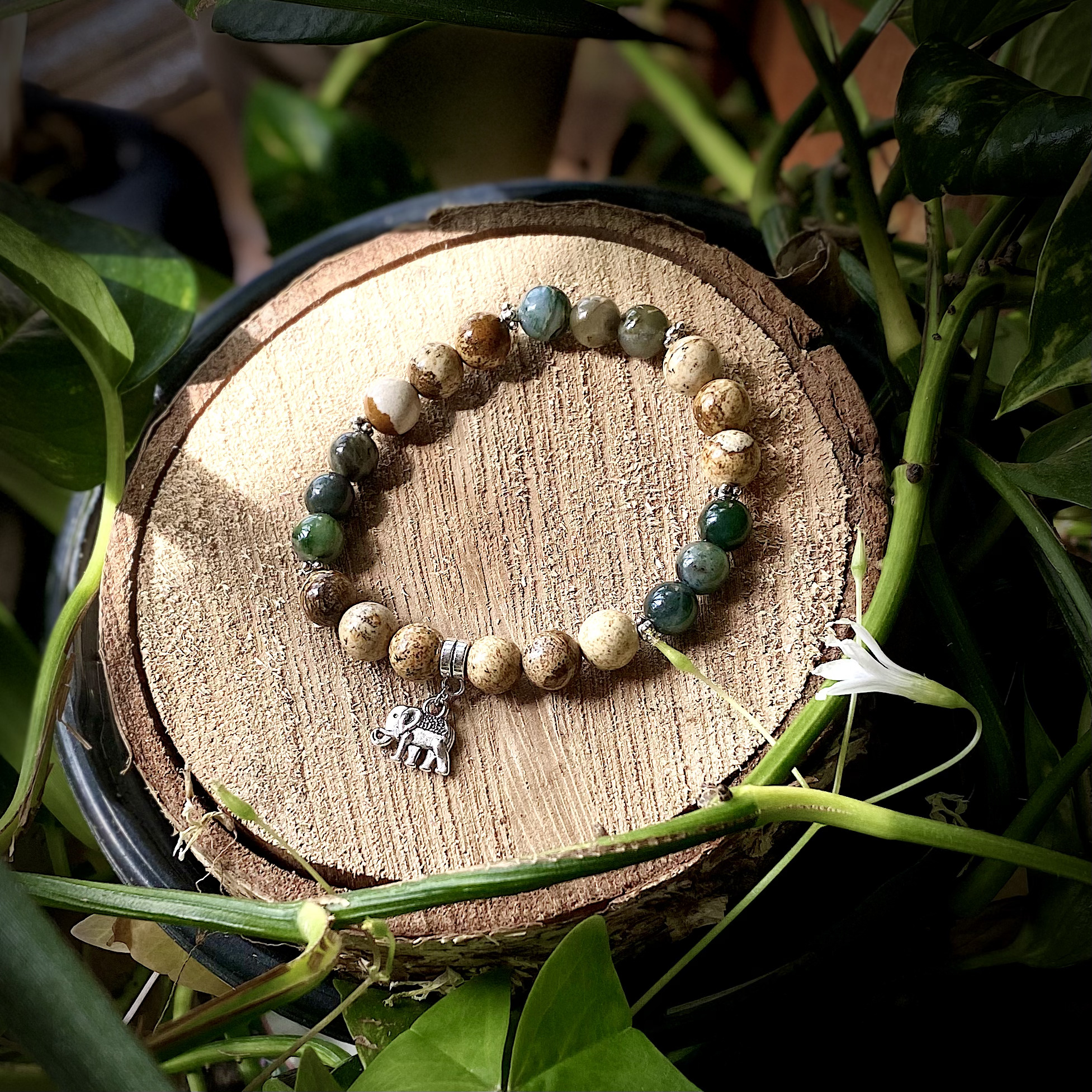 Elephant Charm + Picture Jasper & Moss Agate Mala Bracelet