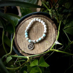 Om Charm + Aqua Terra Jasper & White Lava Stone Mala Bracelet