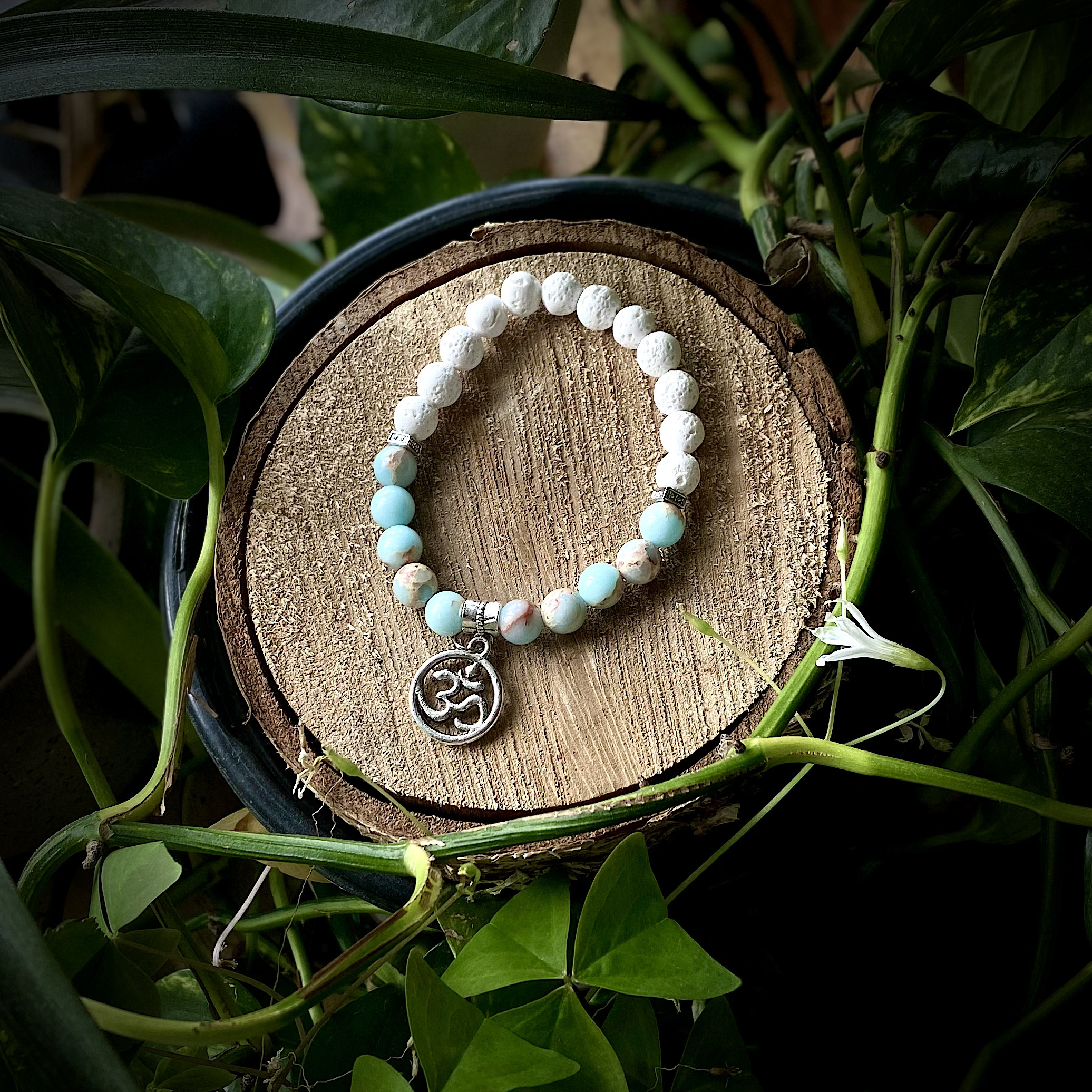 Om Charm + Aqua Terra Jasper & White Lava Stone Mala Bracelet