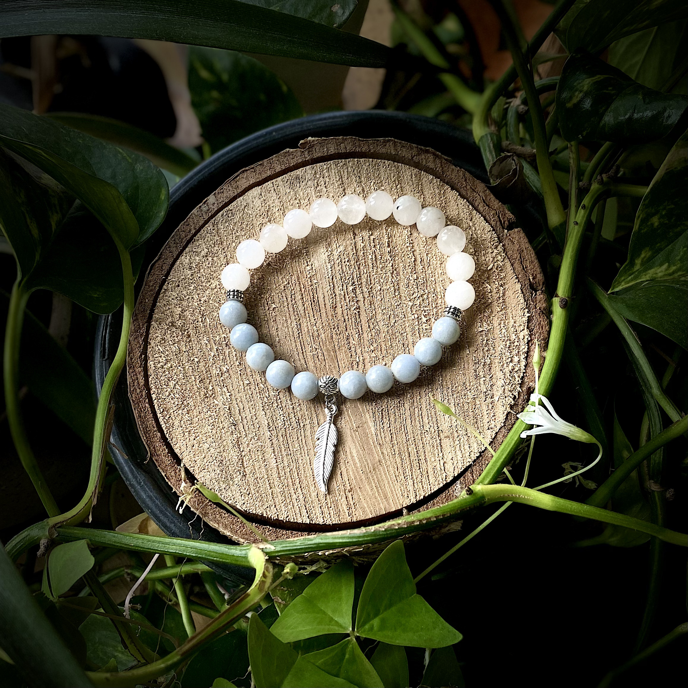 Feather Charm + Angelite & Angola Quartz Mala Bracelet