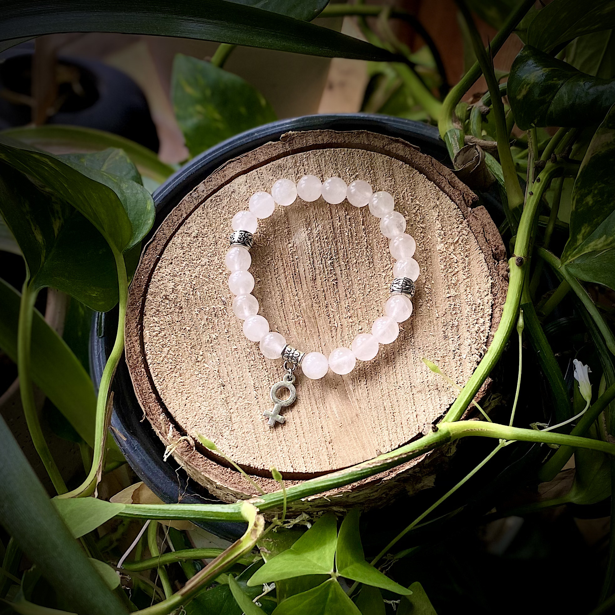 Venus Symbol + Rose Quartz Mala Bracelet