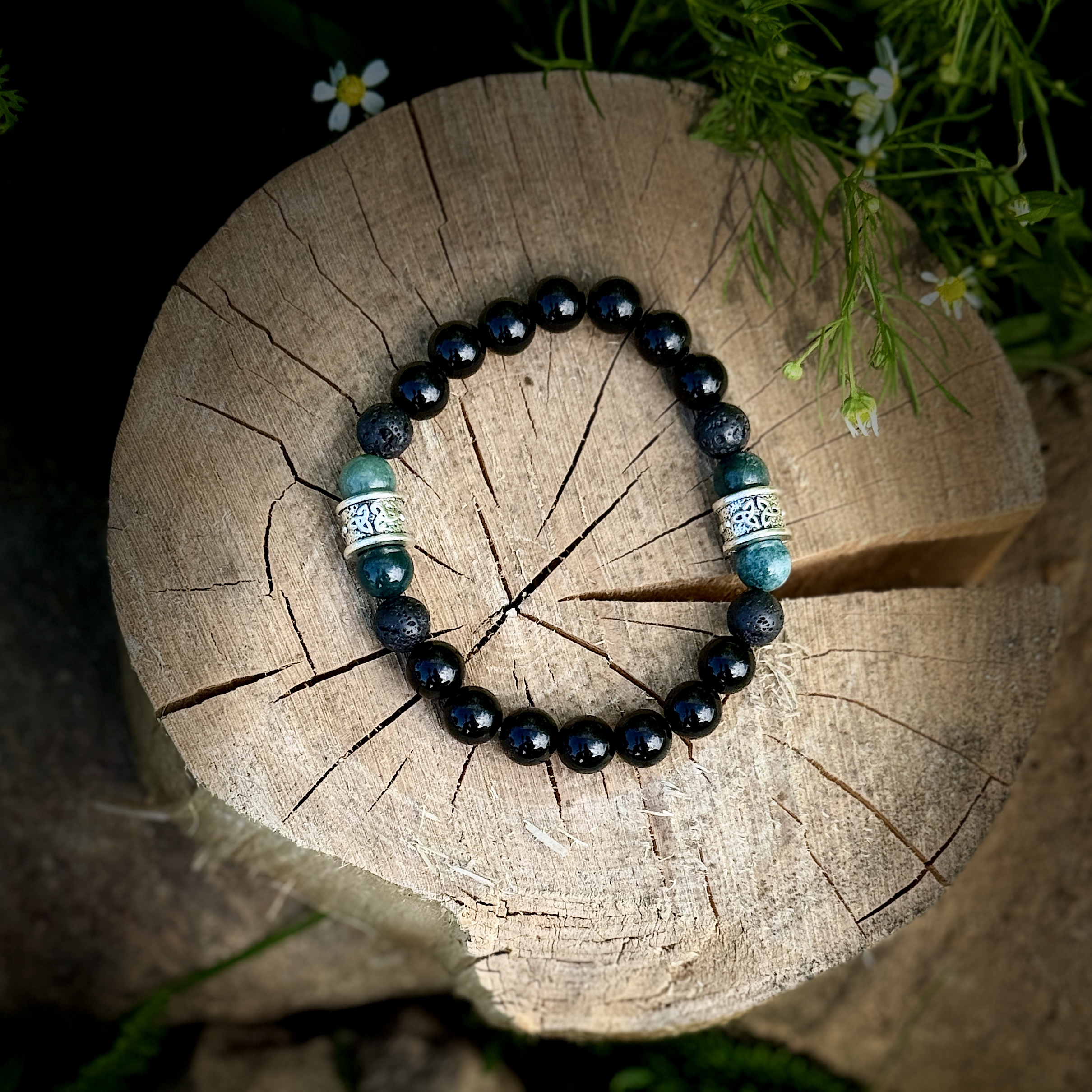 Men’s Celtic Mala + Black Obsidian, Black Lava Stone, & Moss Agate