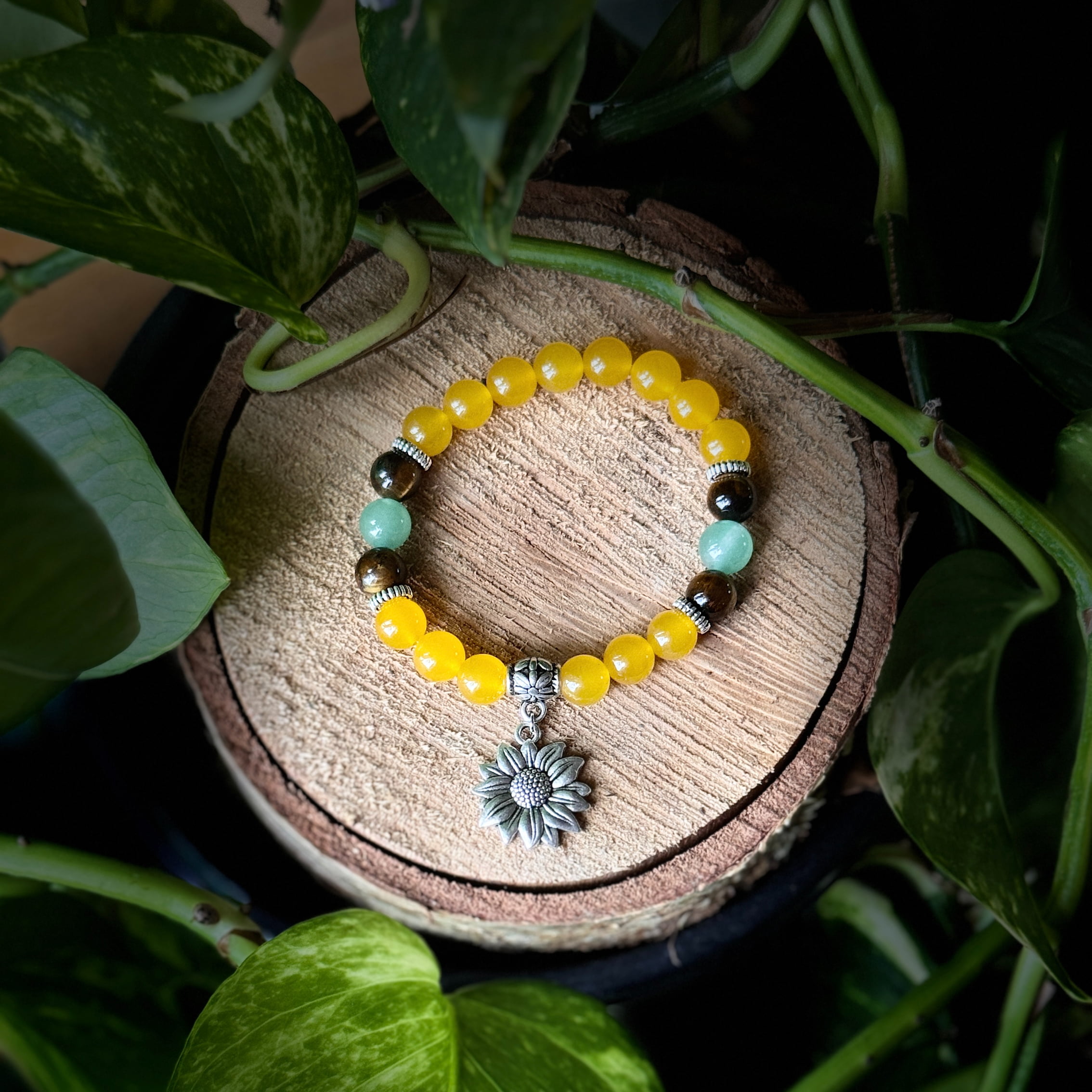 Sunflower + Yellow Jade, Tiger's Eye & Green Aventurine Mala Bracelet
